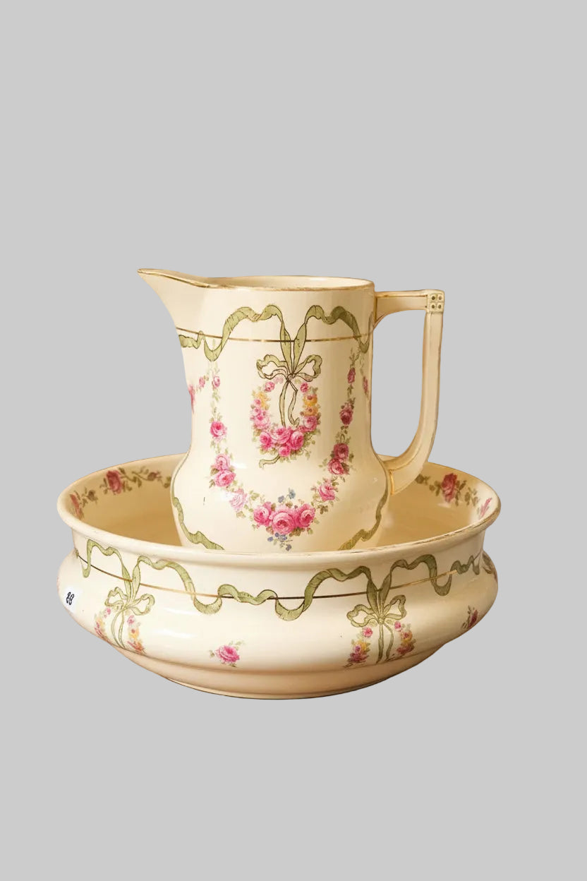 Antique Royal Bonn Pitcher and Basin Set - Franz Anton Mehlem (Germany, c.1890) on plain background
