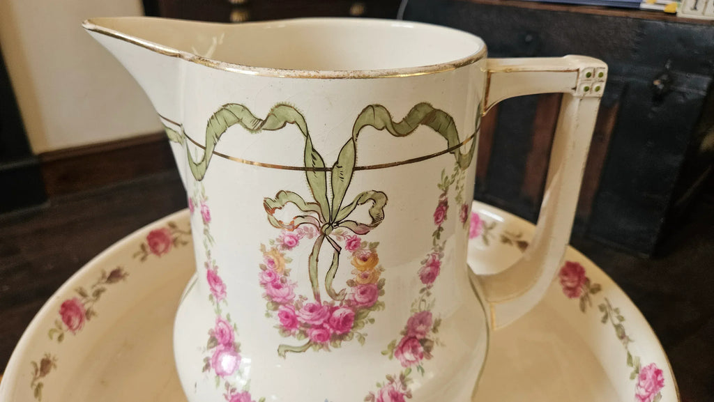 Close up of pitcher showing gilt wear and floral design on Antique Royal Bonn Pitcher and Basin Set - Franz Anton Mehlem (Germany, c.1890)