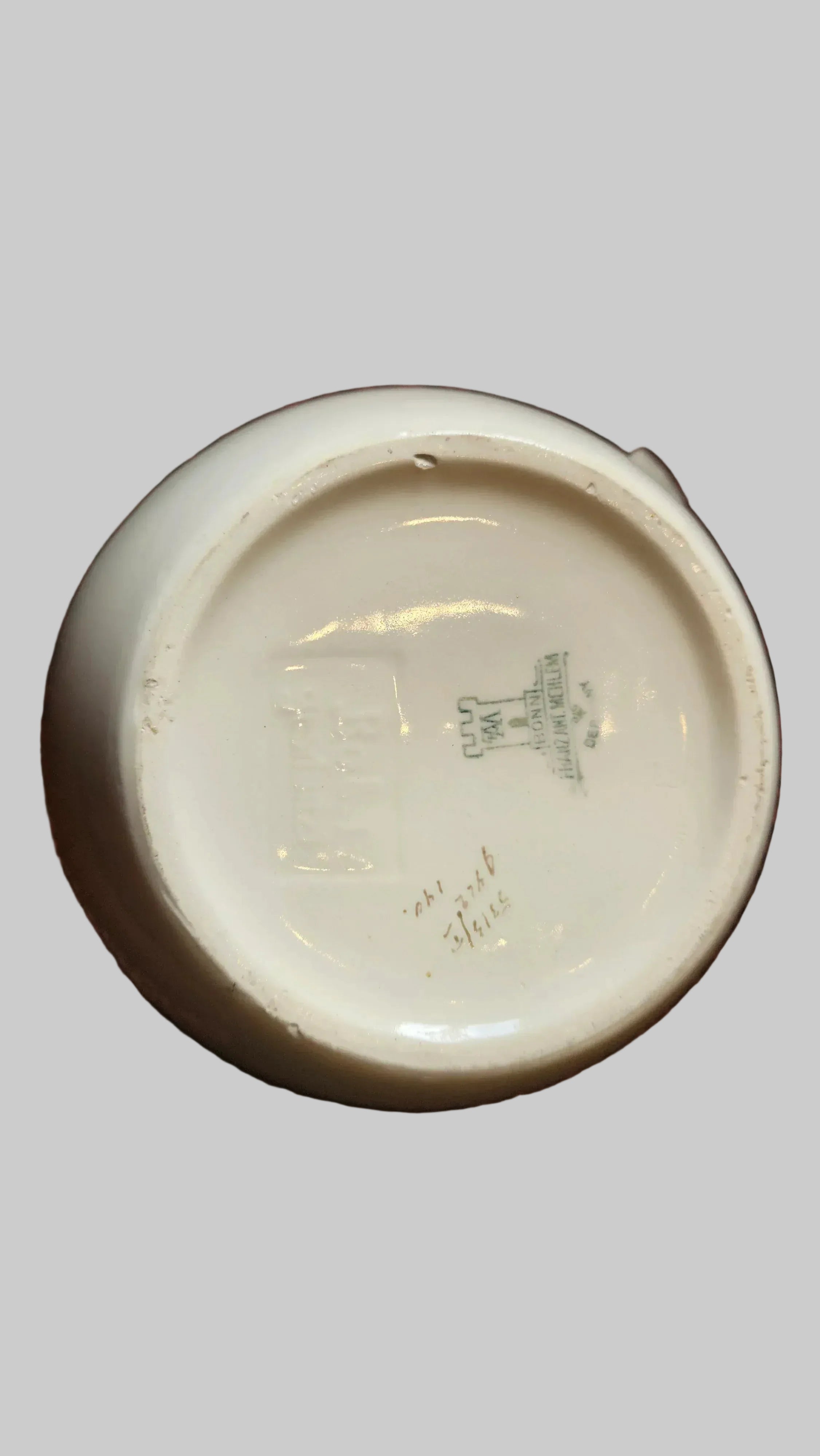 Underside of pitcher showing maker's stamps on Antique Royal Bonn Pitcher and Basin Set - Franz Anton Mehlem (Germany, c.1890)