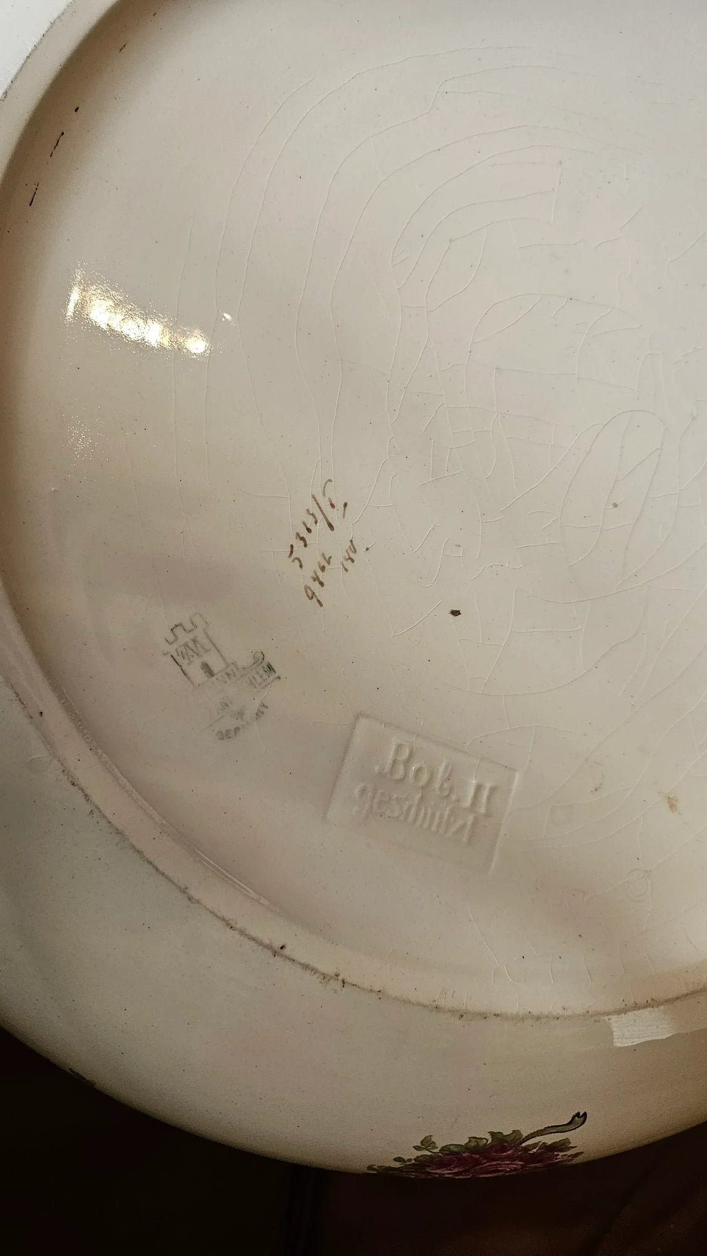 View of underside showing maker's stamps on Antique Royal Bonn Pitcher and Basin Set - Franz Anton Mehlem (Germany, c.1890)