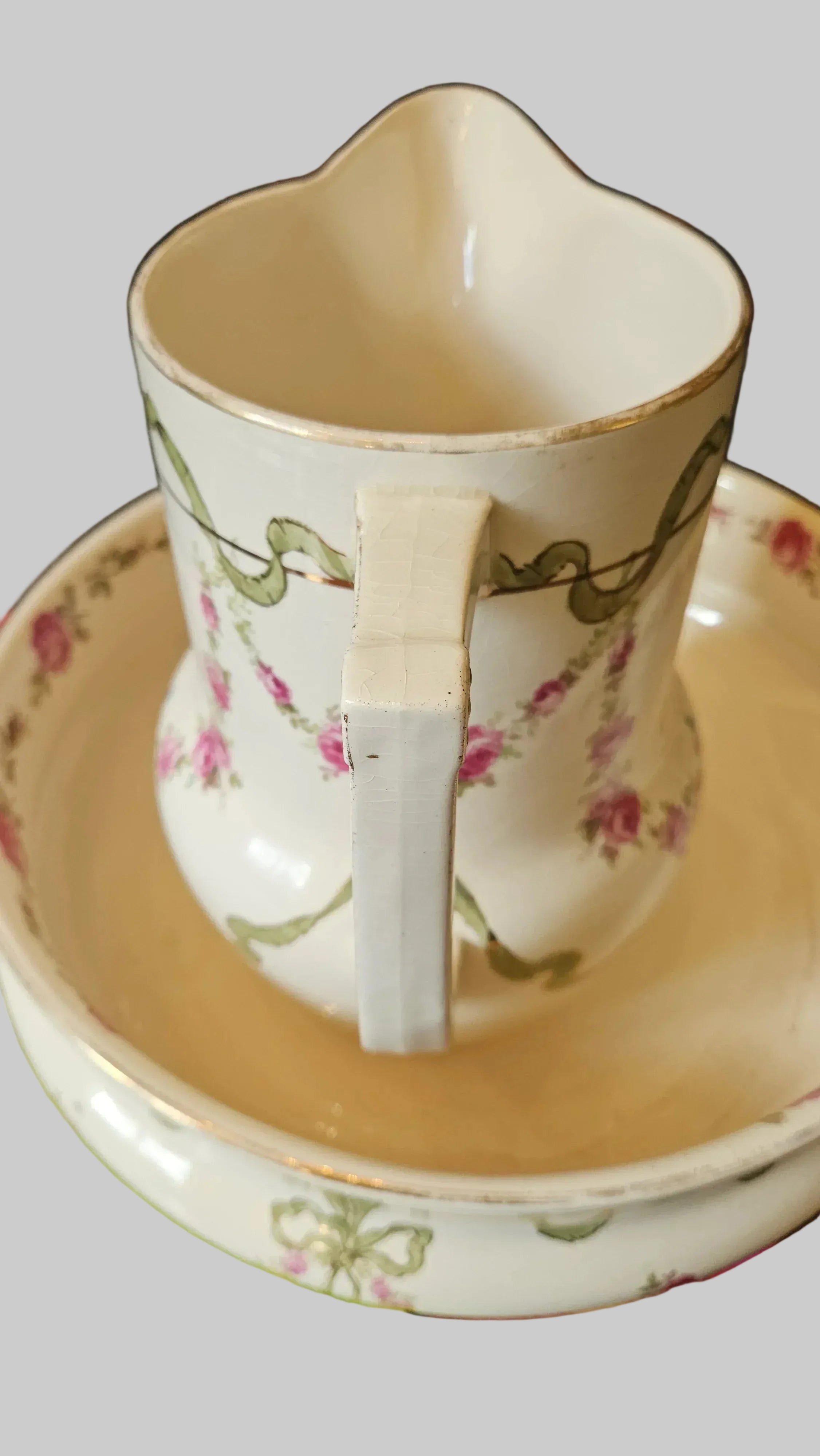 Side view showing gilt wear on handle of pitcher in set of Antique Royal Bonn Pitcher and Basin Set - Franz Anton Mehlem (Germany, c.1890)