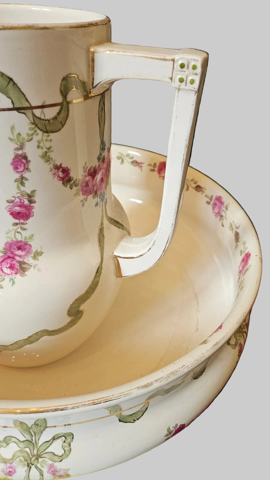 View of handle side of pitcher in set of Antique Royal Bonn Pitcher and Basin Set - Franz Anton Mehlem (Germany, c.1890)