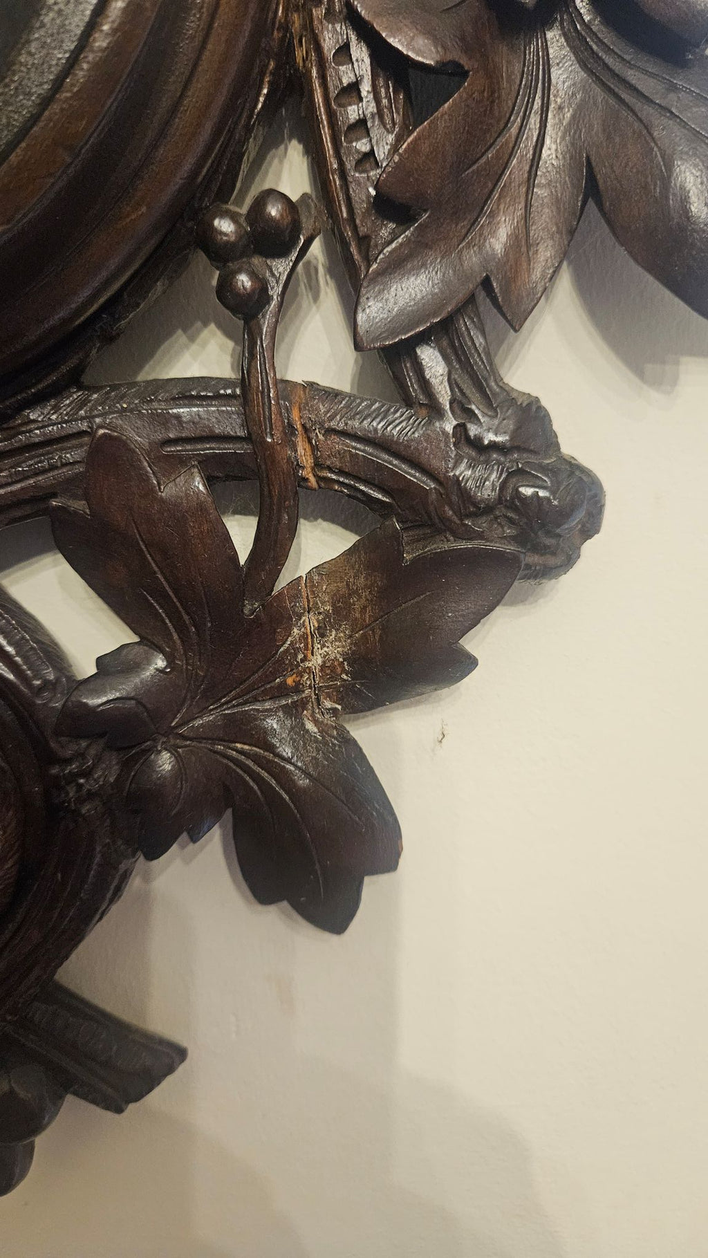 Close up of split and honest repair on Antique Brienz Black Forest 'Jagdstil' Barometer & Thermometer c.1890
