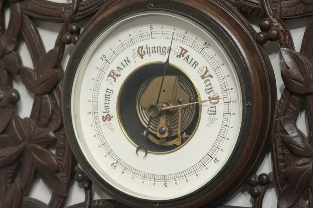Close up of brass internal mechanism on Antique Brienz Black Forest 'Jagdstil' Barometer & Thermometer c.1890