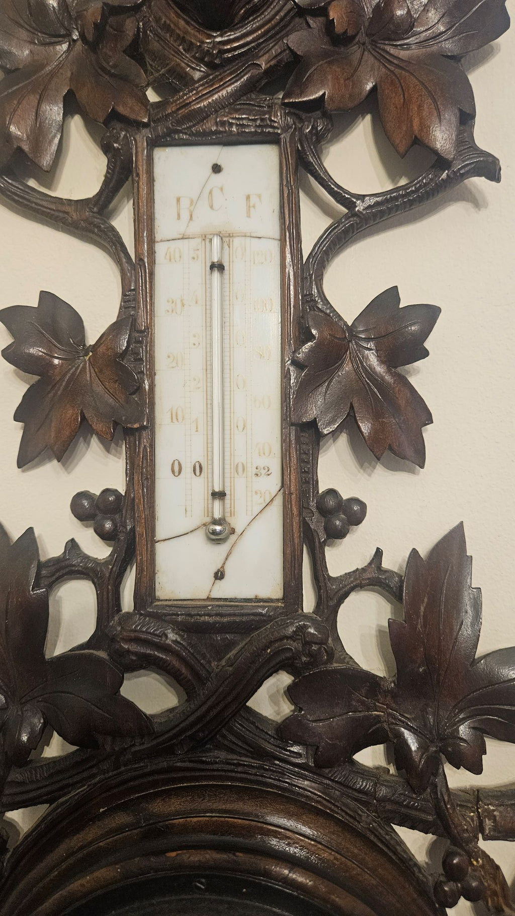 Close up of cracked thermometer on Antique Brienz Black Forest 'Jagdstil' Barometer & Thermometer c.1890