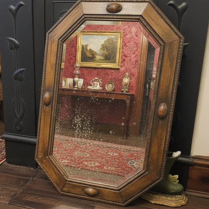 Victorian Oak Octagonal Mirror with Bevelled Foxed Glass (circa 1880–1910)