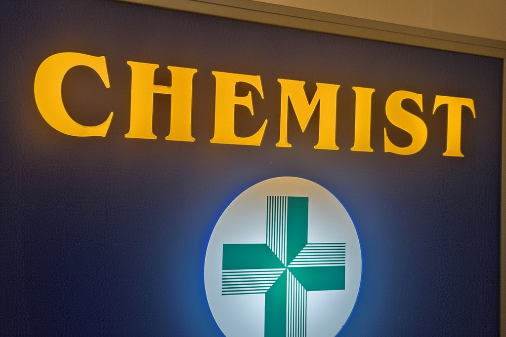 Close up of lit up Monumental Statement Piece - Vintage Double-Sided 'Chemist' Light Box - Room of Remembered Finds