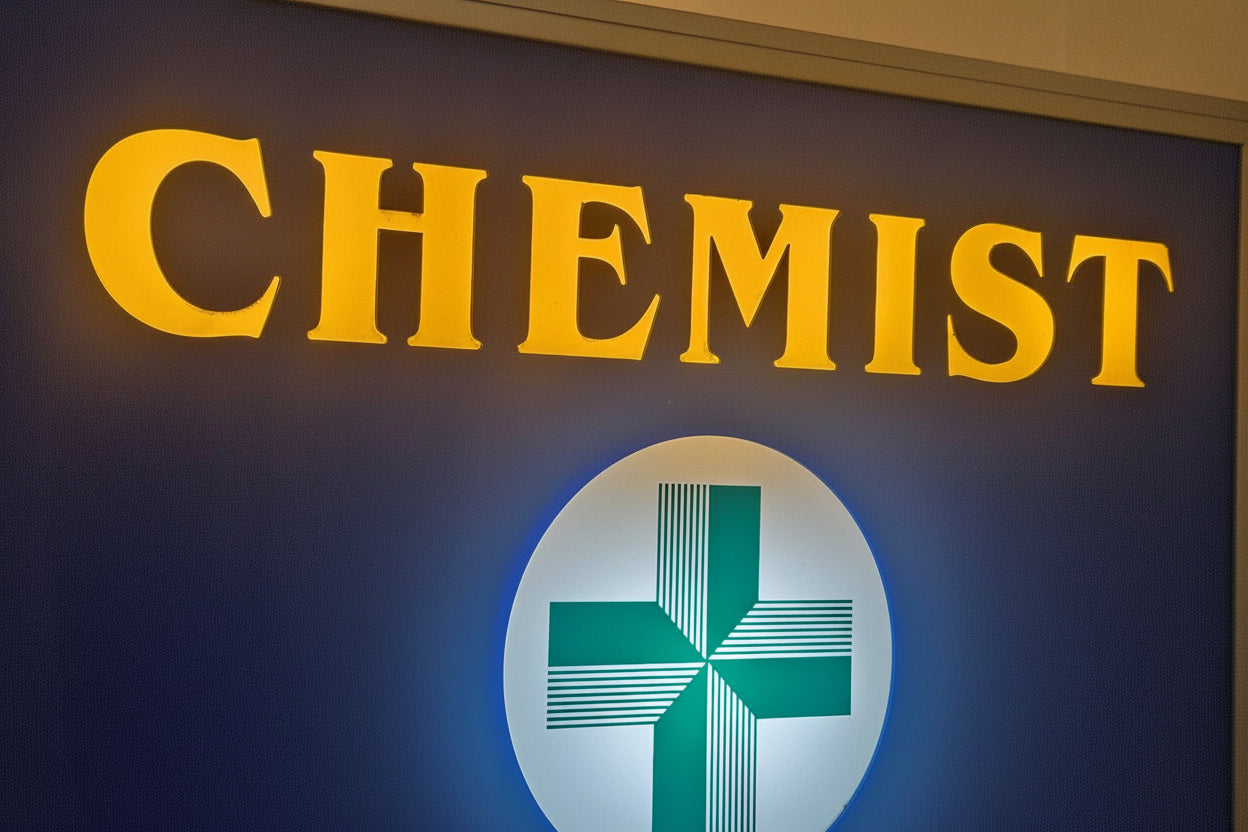 Close up of lit up Monumental Statement Piece - Vintage Double-Sided 'Chemist' Light Box - Room of Remembered Finds