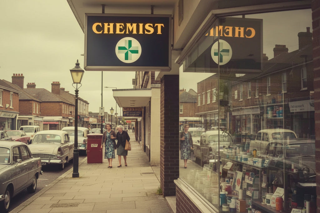 AI representation of Monumental Statement Piece Vintage Double-Sided 'Chemist' Light Box displayed in High Street setting