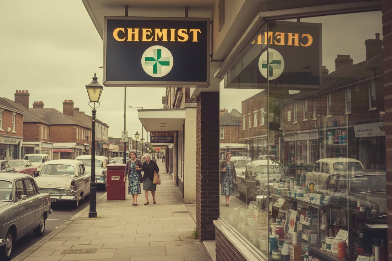 AI representation of Monumental Statement Piece Vintage Double-Sided 'Chemist' Light Box displayed in High Street setting