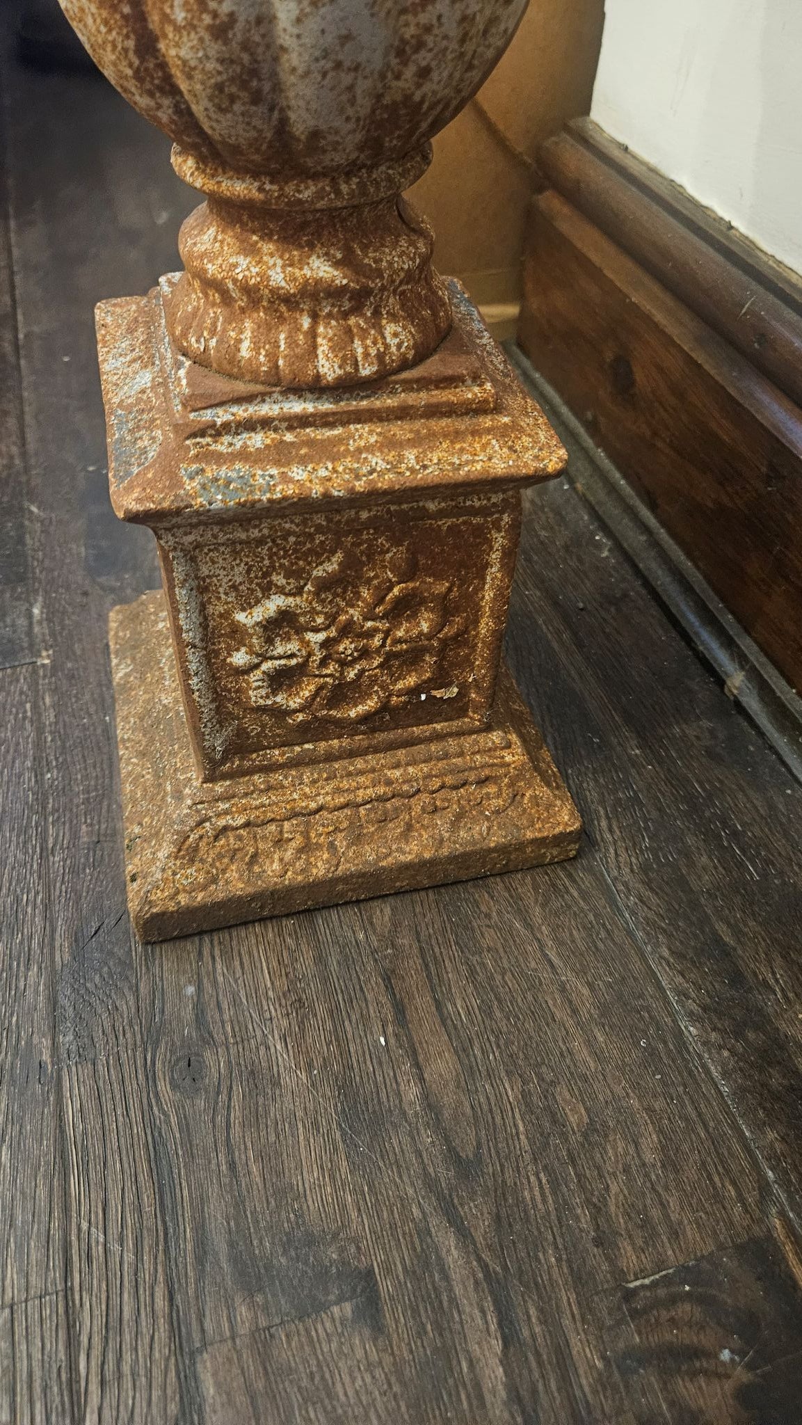 Close up of authentic weathered patina on base of Antique Cast Iron Garden Pedestal Victorian/Edwardian Architectural Salvage Stand Mount with Original Patina c. 1880–1920