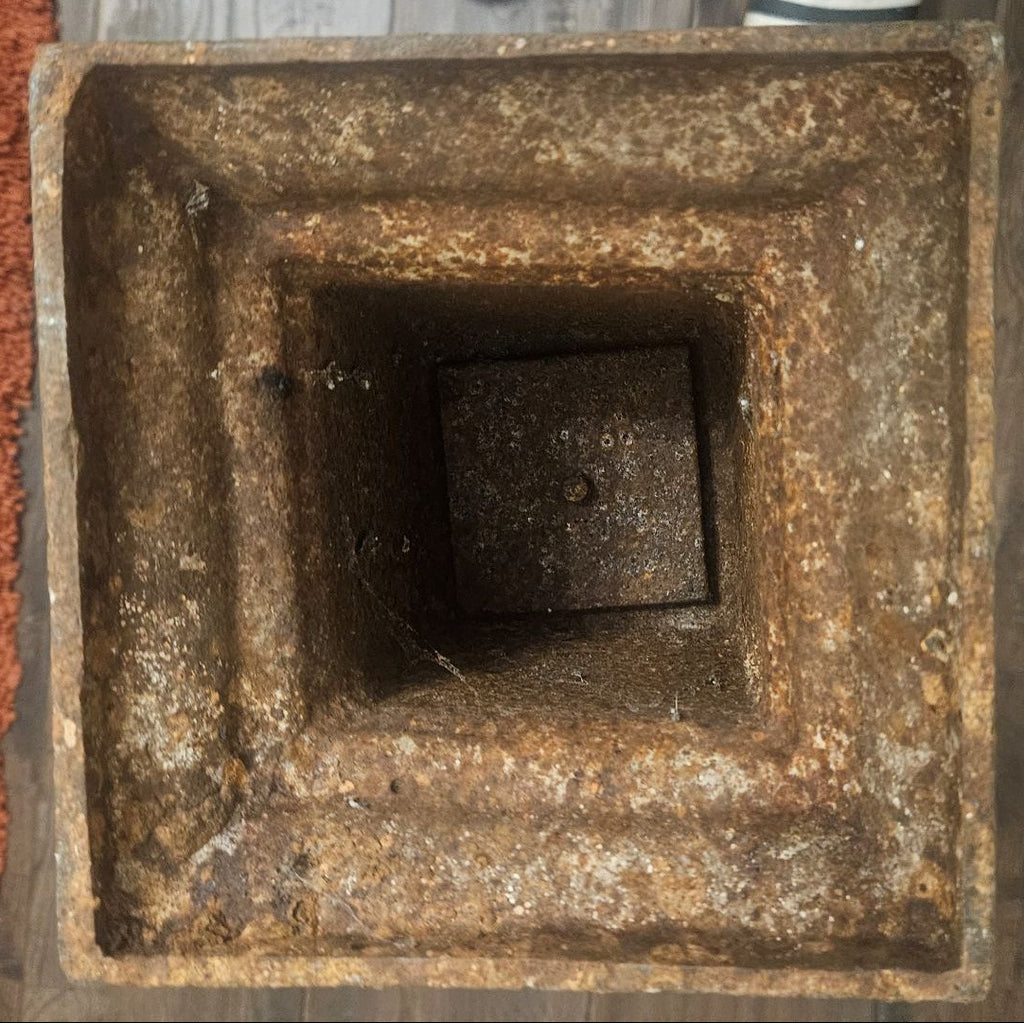 Base of Antique Cast Iron Garden Pedestal Victorian/Edwardian Architectural Salvage Stand Mount with Original Patina c. 1880–1920 showing weathered patina and internal fixing rod