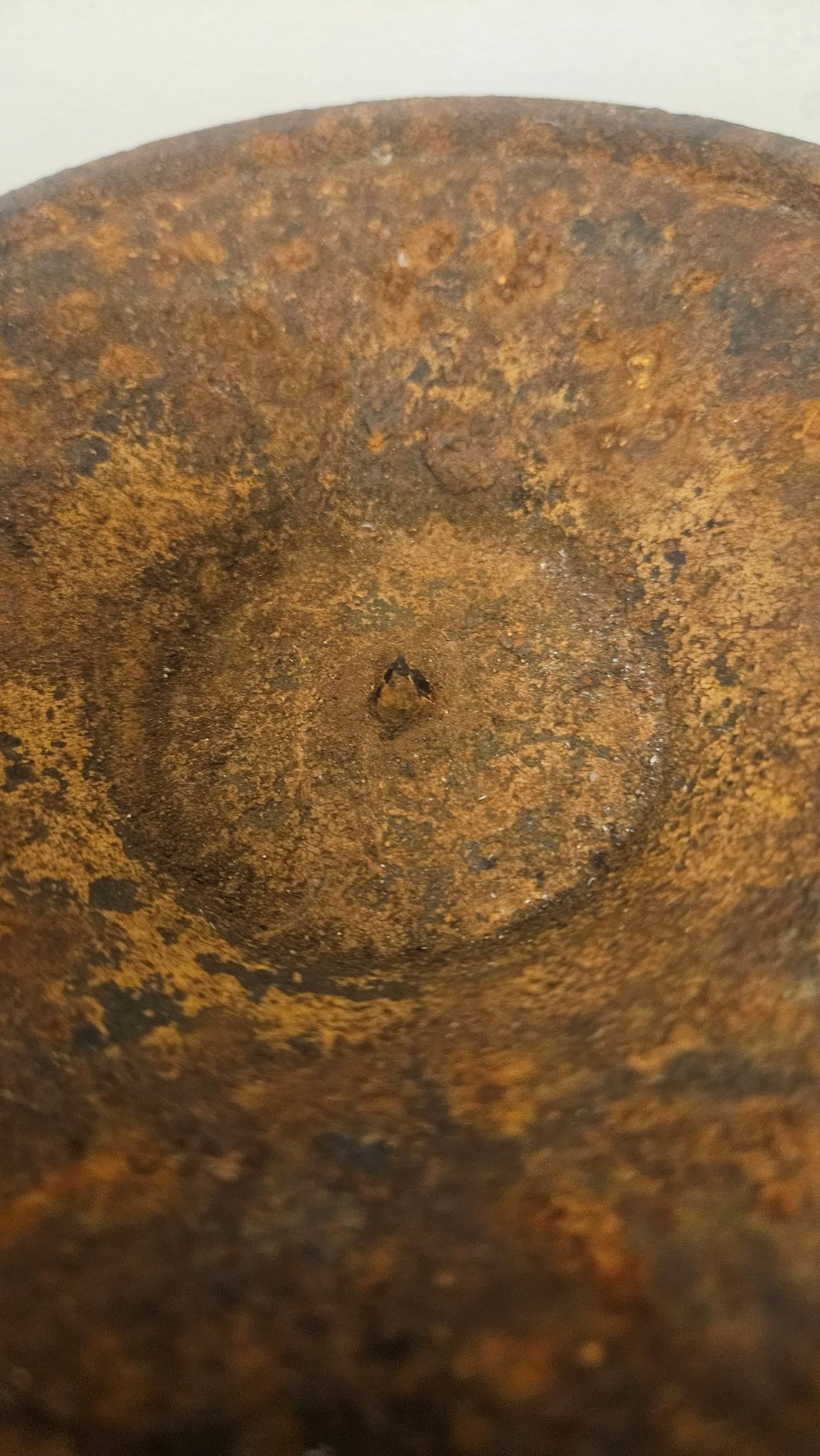 Close up of central spike on top of Antique Cast Iron Garden Pedestal Victorian/Edwardian Architectural Salvage Stand Mount with Original Patina c. 1880–1920