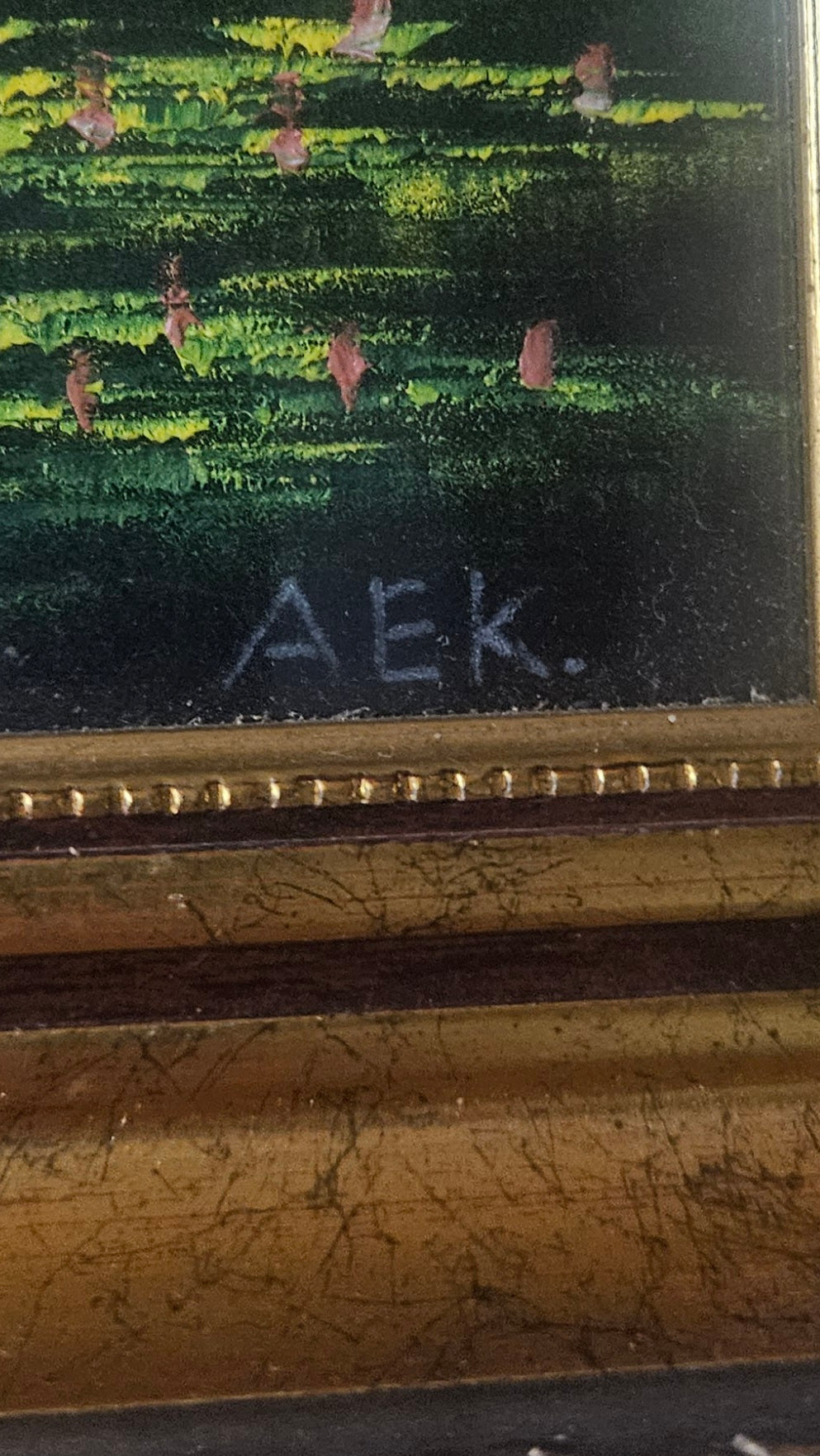 Close up of signature on Vintage Mid Century Southeast Asian Black Velvet Painting Moonlit River Scene Large 95cm Signed AEK