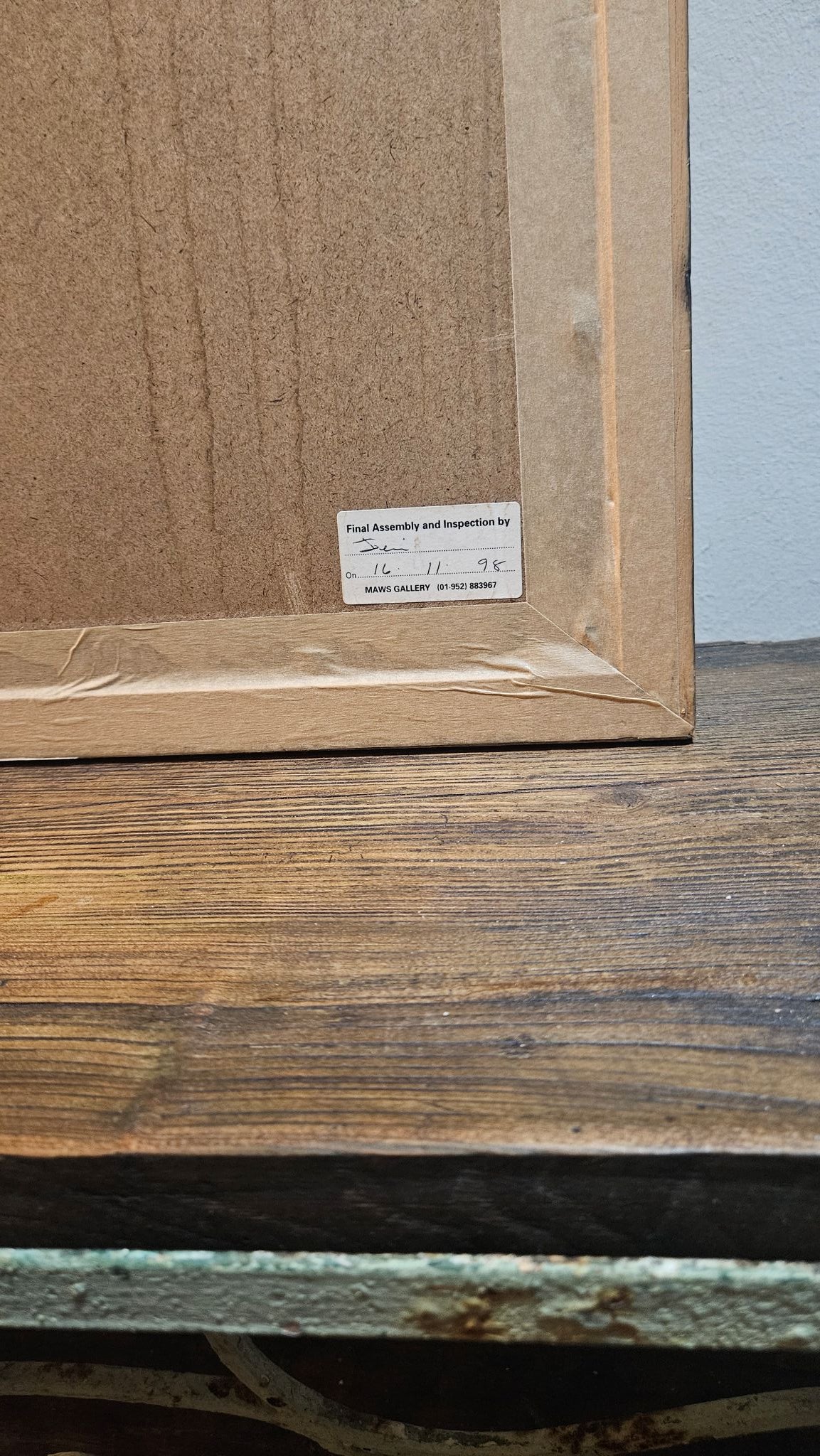 Inspection label on back of Large Vintage Studio Framed 'Unspoken Love' Art Print Solid Wood Frame