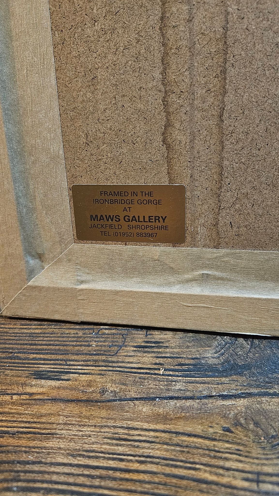 Close up of back showing gallery name on Large Vintage Studio Framed 'Unspoken Love' Art Print Solid Wood Frame