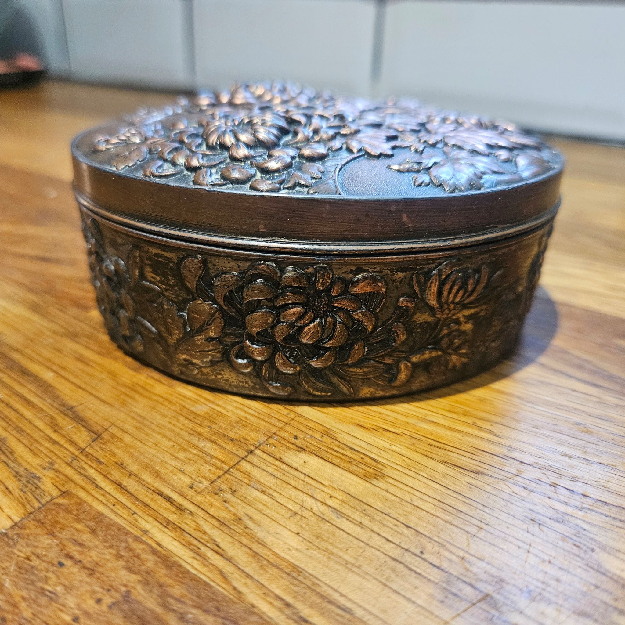 Side of Antique Bronze‑Tone Chrysanthemum Metal Lidded Box c.1890–1930 Japanese Meiji Taisho Style Showing Decorative Metalwork