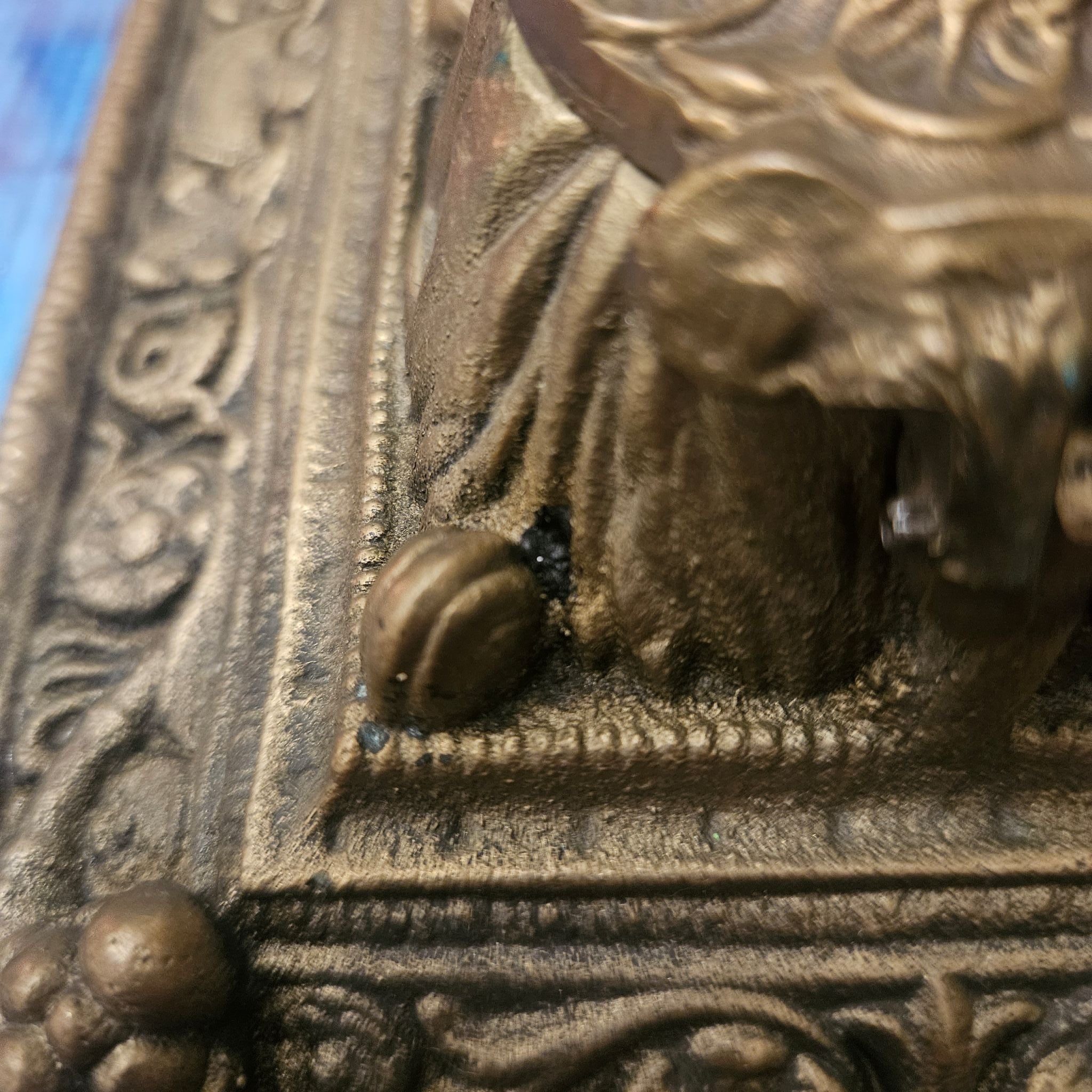 Close up of pinprick hole on Victorian Style Double Inkwell Desk Stand Ornate 1.63kg Cast Brass
