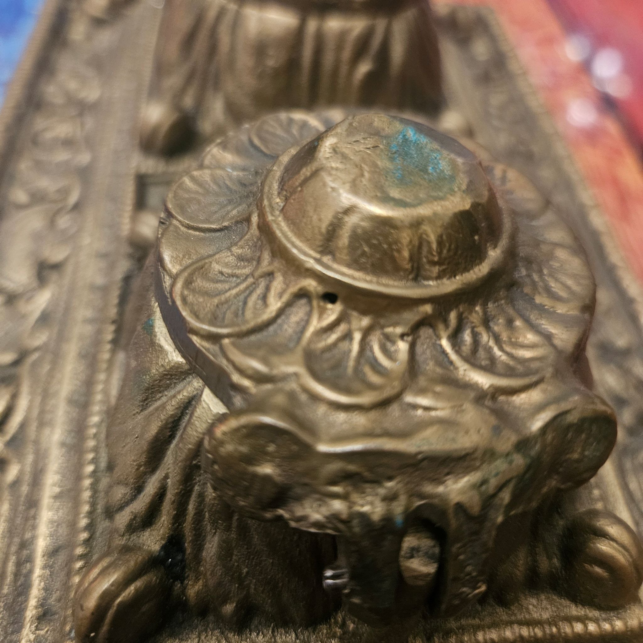 Close up of pinprick hole and light verdigris on lid of Victorian Style Double Inkwell Desk Stand Ornate 1.63kg Cast Brass