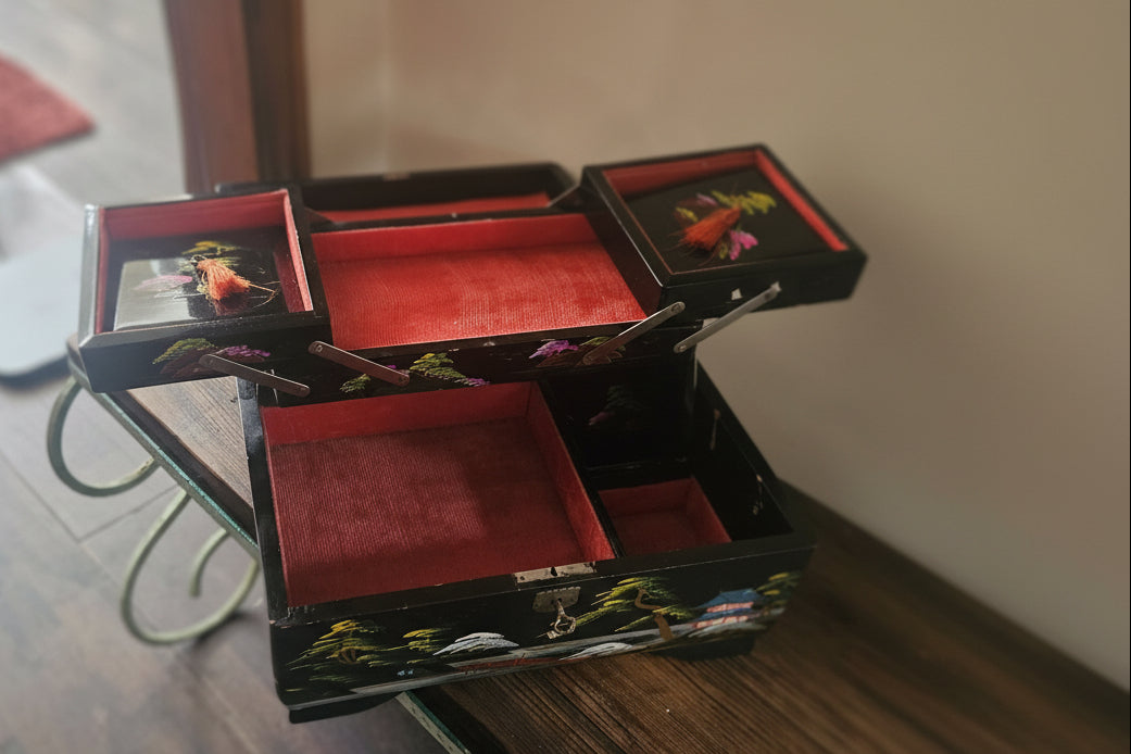 Fully opened Mid Century Vintage Japanese Lacquer Wooden Cantilever Jewellery Box showing cantilever operation