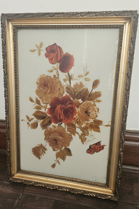 Vintage Hand-Painted Floral Still Life Art Ornate Gilt Frame c.1960's