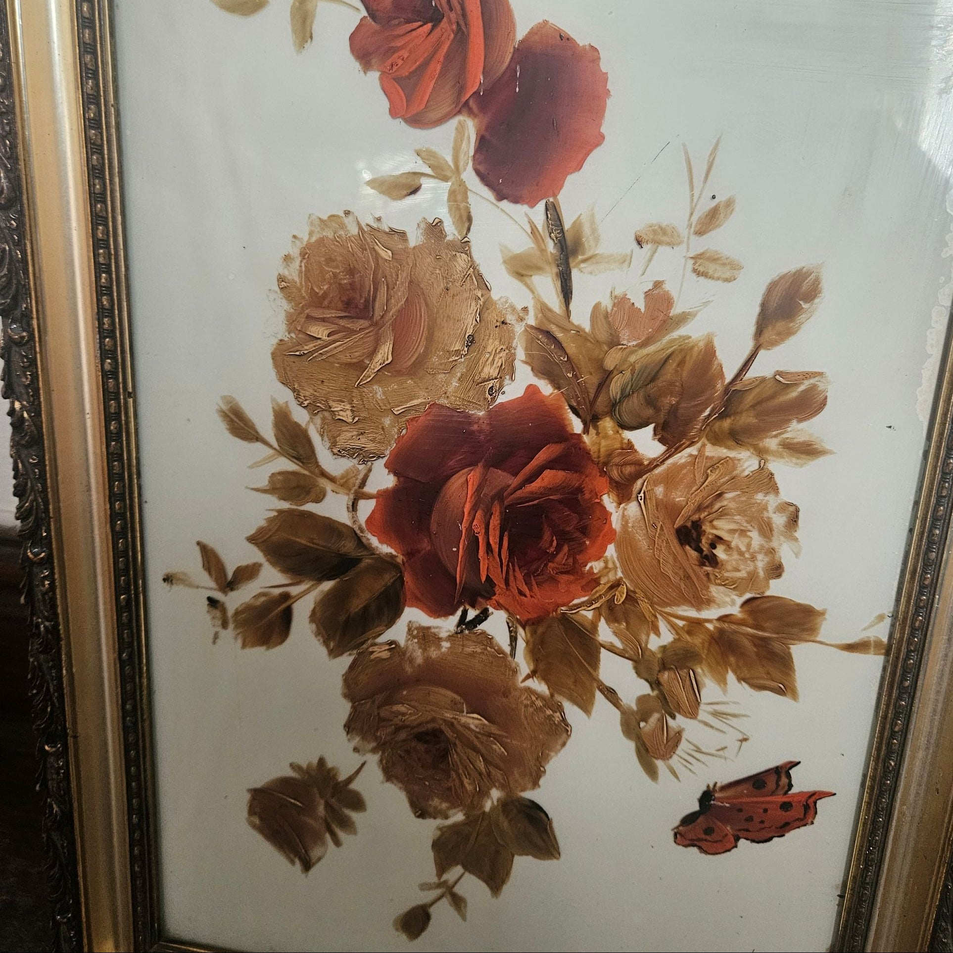 Close up showing texture of painting on Vintage Hand-Painted Floral Still Life Art Ornate Gilt Frame c.1960's