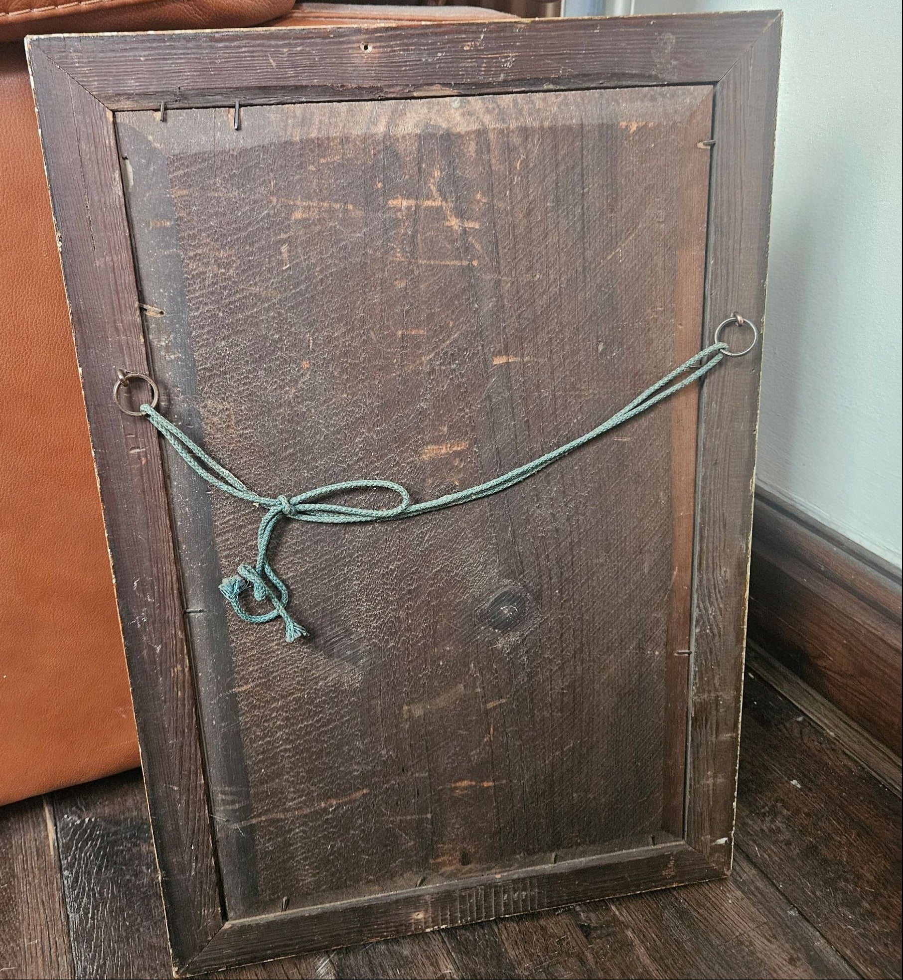 Back of Vintage Hand-Painted Floral Still Life Art Ornate Gilt Frame c.1960's showing aged patina and hanging cord