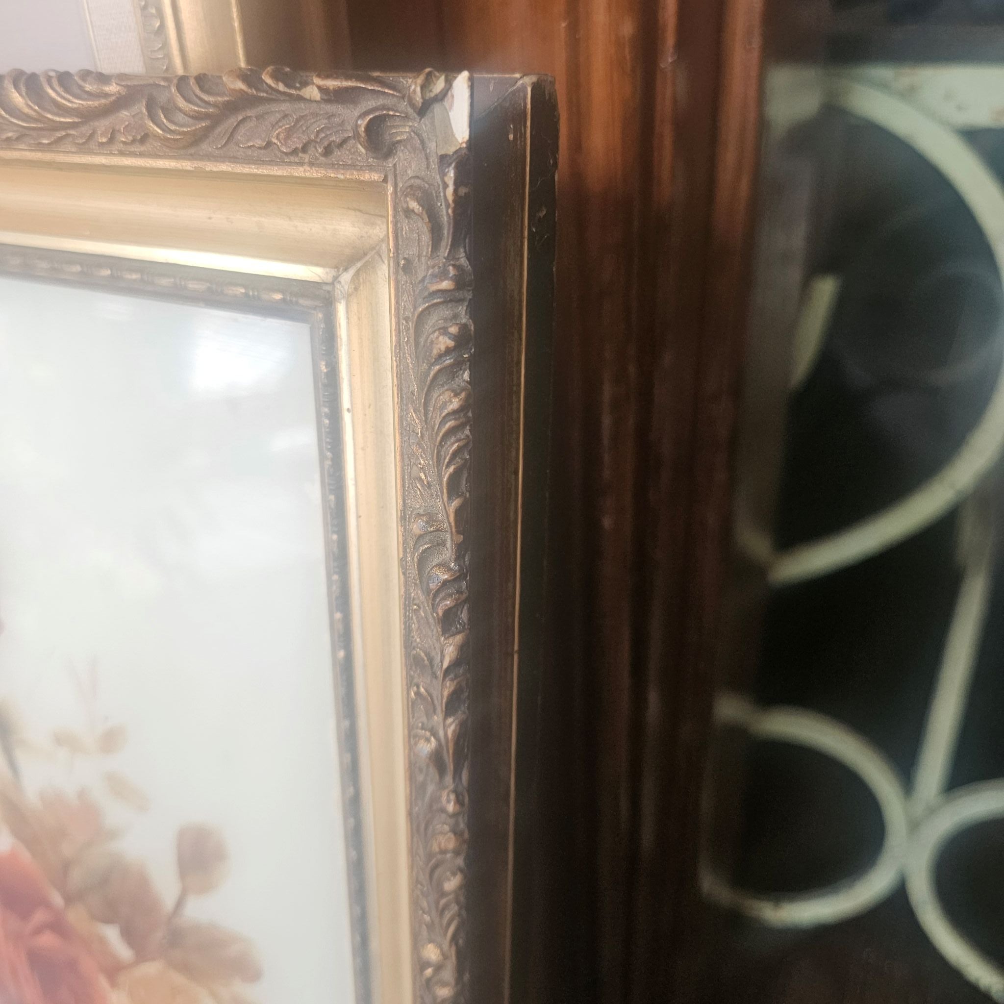 Chip on top edge of Vintage Hand-Painted Floral Still Life Art Ornate Gilt Frame c.1960's