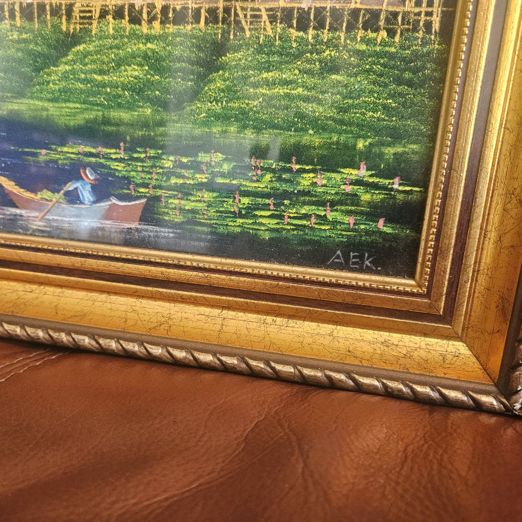 Close up of signature on Vintage Mid Century Southeast Asian Black Velvet Painting Moonlit River Scene Large 95cm Signed AEK