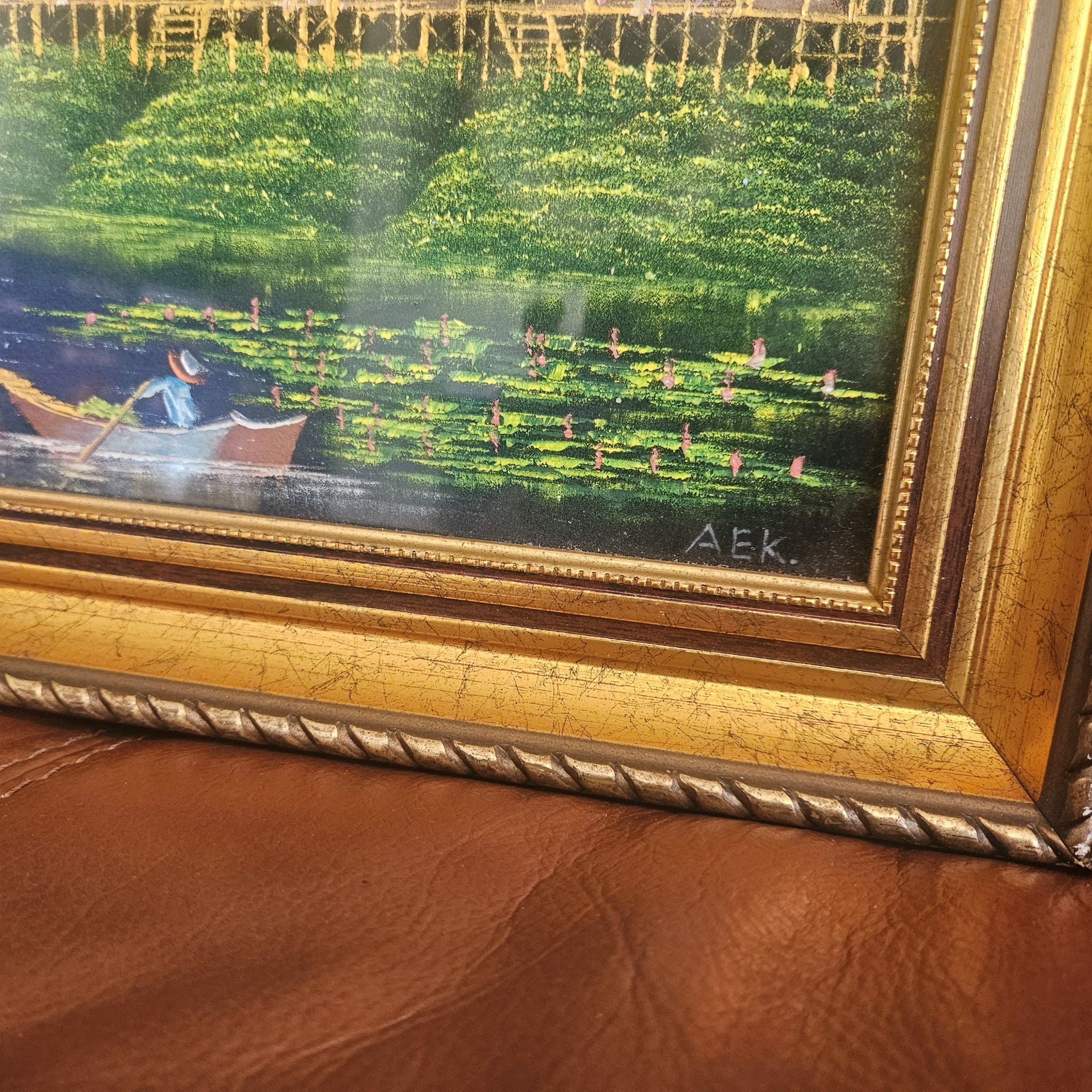 Close up of signature on Vintage Mid Century Southeast Asian Black Velvet Painting Moonlit River Scene Large 95cm Signed AEK