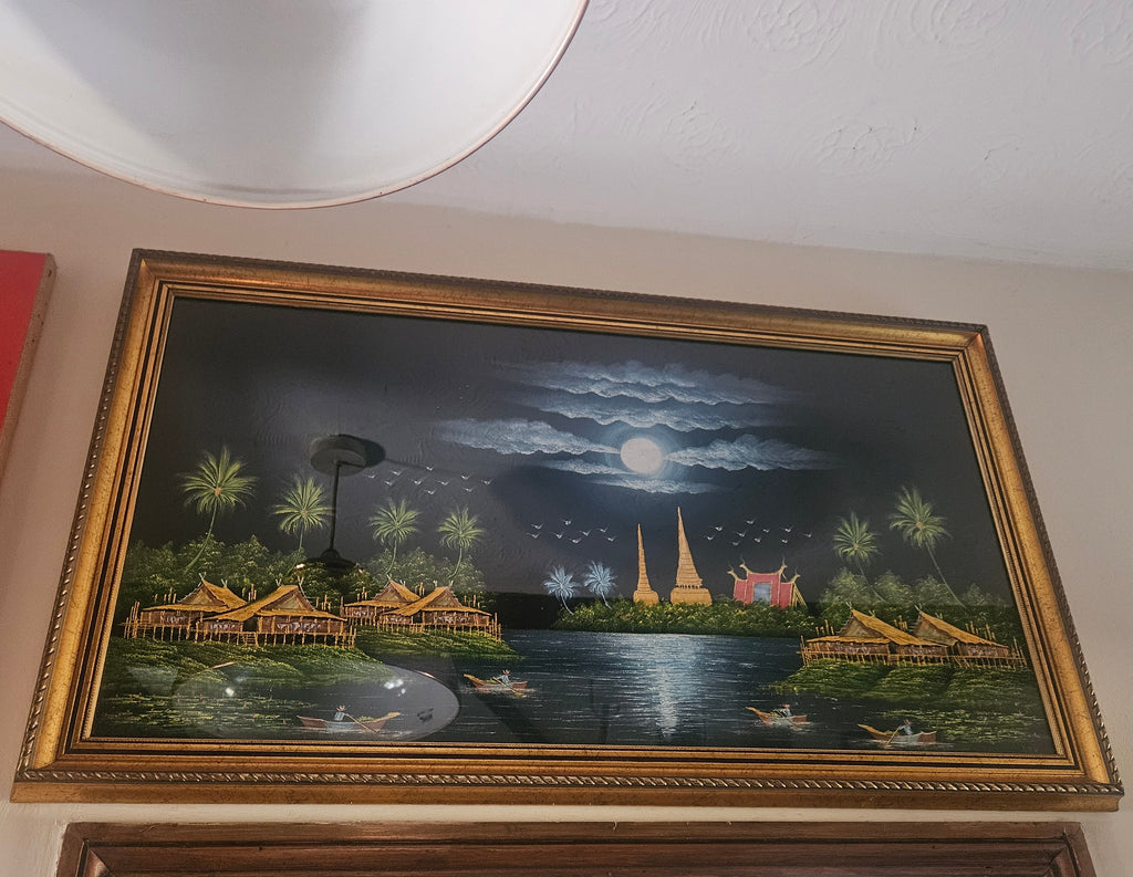 Vintage Mid Century Southeast Asian Black Velvet Painting Moonlit River Scene Large 95cm Signed AEK