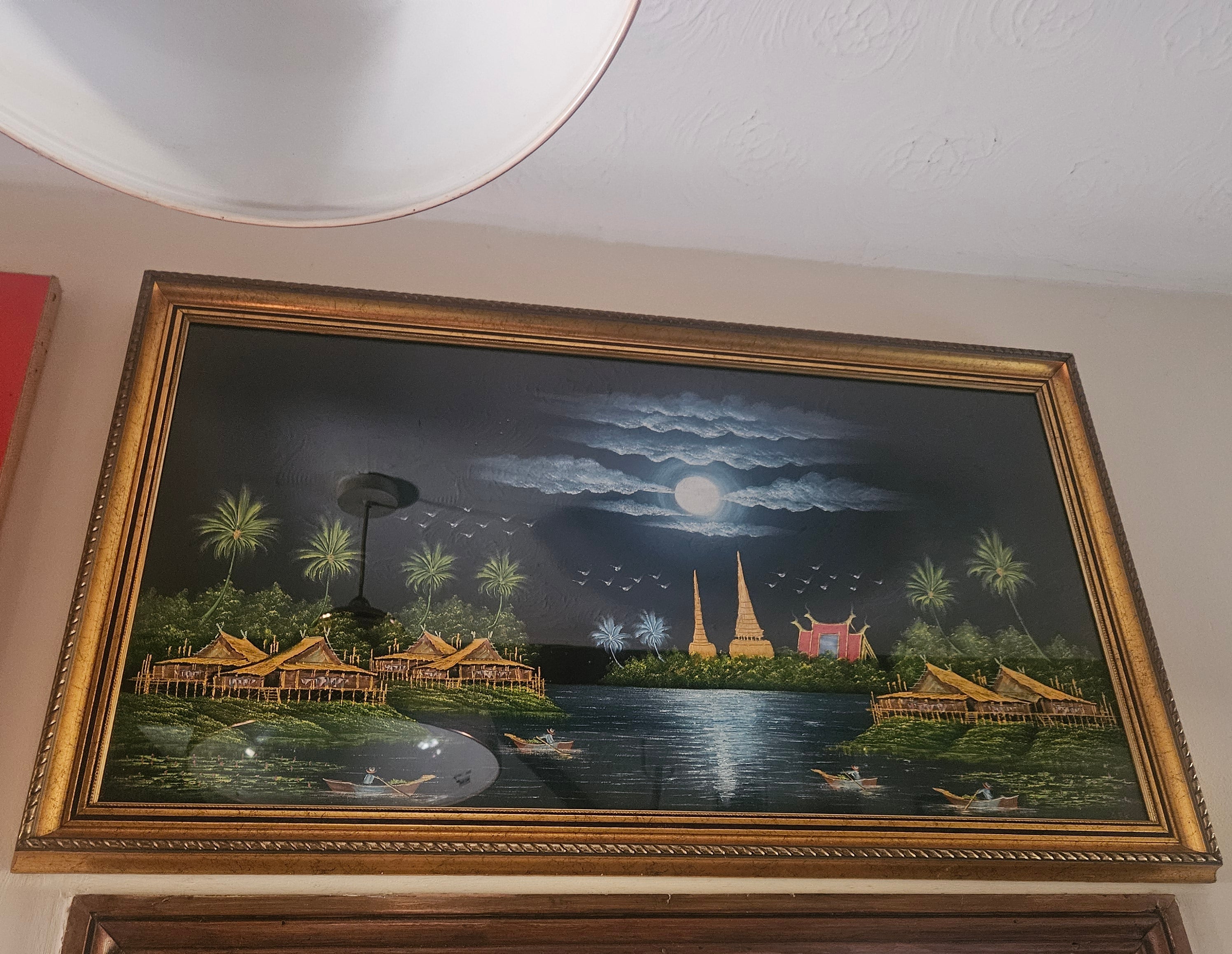Vintage Mid Century Southeast Asian Black Velvet Painting Moonlit River Scene Large 95cm Signed AEK