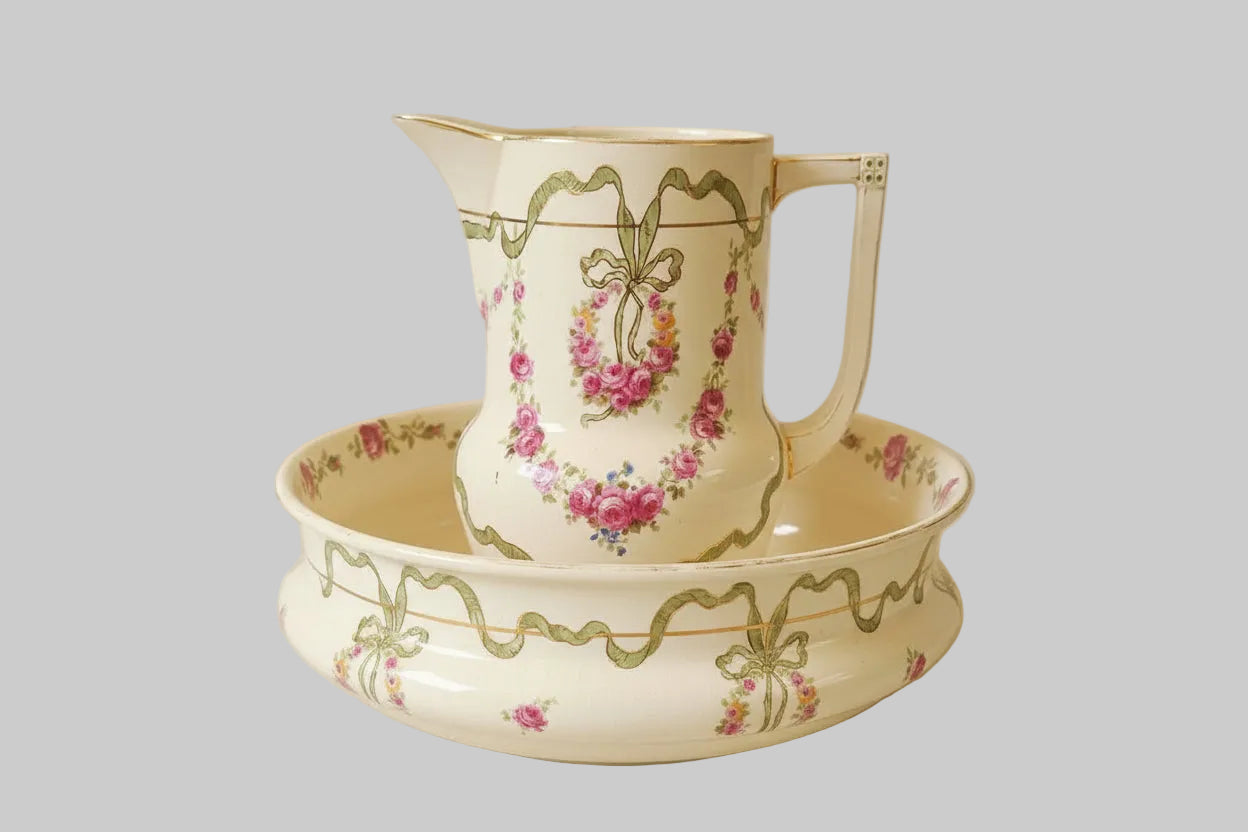 Antique Royal Bonn Pitcher and Basin Set Franz Anton Mehlem (Germany, c.1890) on plain background