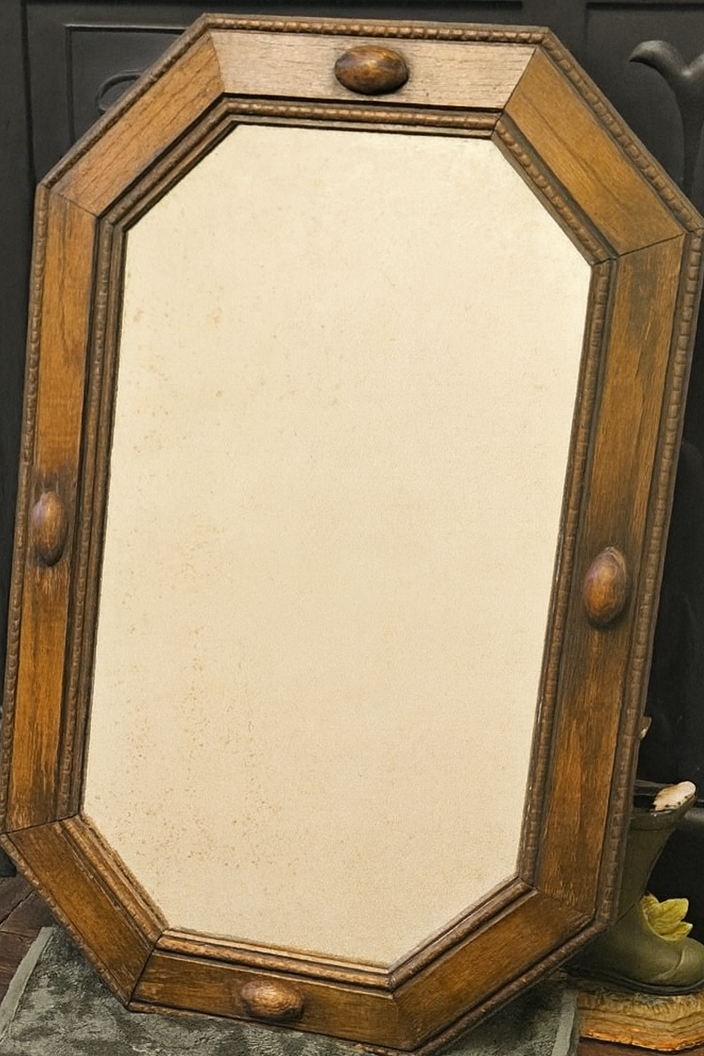 Antique Victorian Oak Octagonal Mirror with Bevelled Foxed Glass (circa 1880–1910)